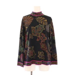 カットソー 長袖 スタンドカラー ストレッチ 花柄 ウール シルク混 LL 黒 ブラック /BB