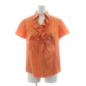 シャツ ブラウス 42 オレンジ フリル 半袖 ロゴ 刺繍 ストレッチ /KU
