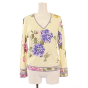 カットソー 長袖 Vネック ストレッチ 花柄 F アイボリー /BB