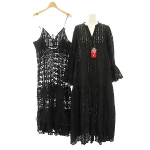 2点セット シフリ刺繍前開きティアードワンピース キーネック 長袖 パッチワーク三段レースキャミドレス