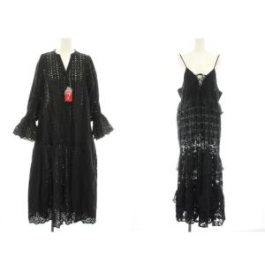 Freada 2点セット シフリ刺繍前開きティアードワンピース キーネック 長袖 パッチワーク三段レースキャミドレス