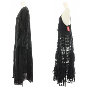 Freada 2点セット シフリ刺繍前開きティアードワンピース キーネック 長袖 パッチワーク三段レースキャミドレス