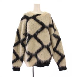 バイカラージャカードシャギーニットプルオーバー 長袖 クルーネック ウール混 F アイボリー 黒 ブラック