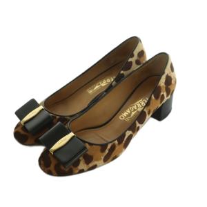ELINDA パンプス チャンキーヒール ヴァラリボン レオパード柄 6.5 24.0cm ブラウン ベージュ