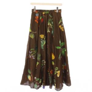 CABaN 25SS シルク Green Showerプリント フレアスカート S ブラウン