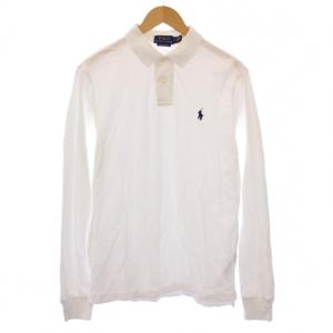ポロシャツ 長袖 レギュラーカラー ハーフボタン ロゴ 刺繍 ワンポイント 鹿の子 M 白 ホワイト /BB