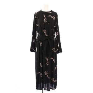 ドレープスタープリントワンピース ミモレ ロング 長袖 クルーネック ストレッチ 星柄 ベルト 36 黒