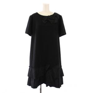 ワンピース ミニ丈 半袖 クルーネック フリル 切替 リボン 装飾 ワンカラー 46 黒 ブラック /BB