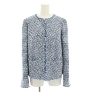 ツイードジャケット ノーカラージャケット アウター ラメ タグ付き 麻 リネン混 40 青 ブルー JKWMYM0401