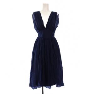フレアワンピース ミモレ ロング ノースリーブ Vネック ワンカラー 無地 シルク混 F 紺 ネイビー