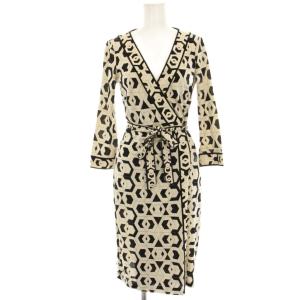 ラップワンピース ひざ丈 絹 シルク 七分袖 総柄 0 黒 ブラック アイボリー /HN