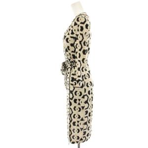 DIANE von FURSTENBERG ラップワンピース ひざ丈 絹 シルク 七分袖 総柄 0 黒 ブラック アイボリー /HN
