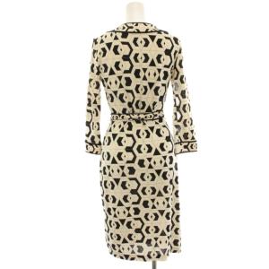 DIANE von FURSTENBERG ラップワンピース ひざ丈 絹 シルク 七分袖 総柄 0 黒 ブラック アイボリー /HN