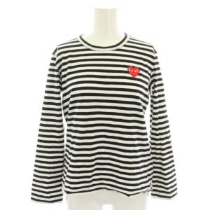 ロンT Tシャツ カットソー クルーネック 長袖 ボーダー柄 ハートワッペン L 白 ホワイト 黒 ブラック