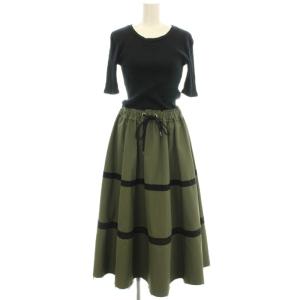 リブニット 切替 半袖 ワンピース ロング タフタスカート 38 黒 カーキ 3236324 /G