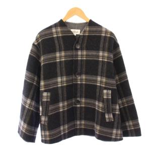 ノーカラージャケット アウター ショート丈 Vネック ウール チェック柄 36 グレー 黒 ブラック /BB