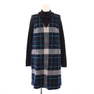 ワンピース ひざ丈 長袖 ハイネック チェック柄 切替 ウール 38 紺 ネイビー 青 ブルー /BB