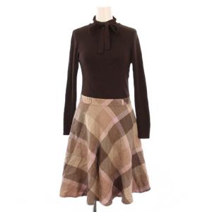 フレアワンピース ひざ丈 ニット 切替 長袖 チェック柄 ウール ボウタイ 38 茶 ブラウン /BB