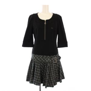 フレアワンピース ひざ丈 七分袖 クルーネック ハーフジップ チェック柄 切替 ウール混 38 黒 ブラック