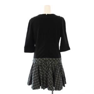 BURBERRY BLUE LABEL フレアワンピース ひざ丈 七分袖 クルーネック ハーフジップ チェック柄 切替 ウール混 38 黒 ブラック