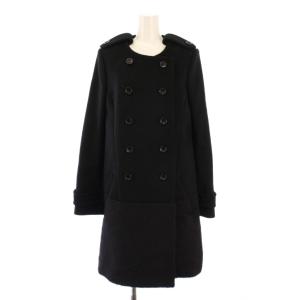 ノーカラーコート アウター ロング丈 ダブル フェイクファー 切替 ウール ワンカラー 40 黒 ブラック