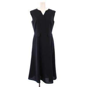 フレアワンピース ミモレ ロング ノースリーブ スキッパー ワンカラー 36 紺 ネイビー /BB