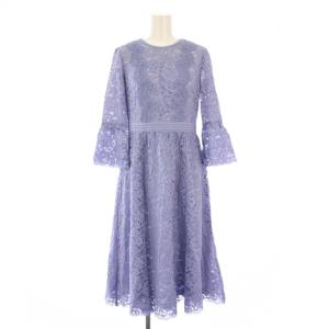 フラワーコードレースフレアワンピース ミモレ ロング 七分袖 クルーネック ワンカラー 花柄 36 水色