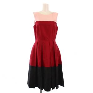 フレアワンピース ひざ丈 ノースリーブ クルーネック シルク 2 赤 レッド ピンク 黒 ブラック /BB