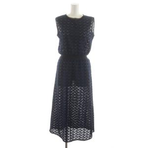 ワンピース ロング 36 紺 ネイビー ノースリーブ レース柄 ウエストゴム /RR