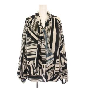 ジオメバイヤスプリントブラウス ボウタイシャツ プルオーバー 長袖 バイカラー 総柄 38 白 ホワイト