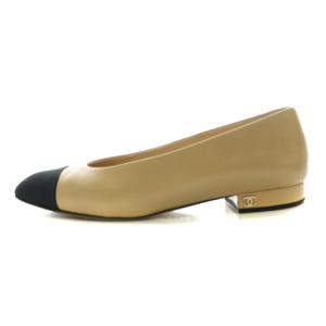 CHANEL バイカラーローヒールパンプス 36 ブラック ベージュ