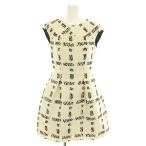 ワンピース ミニ 半袖 フレンチスリーブ 総柄 絹 シルク 36 白 ホワイト 黒 ブラック FD8519