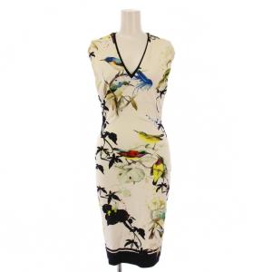 タイトワンピース ひざ丈 ノースリーブ Vネック ストレッチ 総柄 38 白 ホワイト /BB