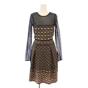 フレアワンピース ひざ丈 長袖 クルーネック バックオープン シアー シースルー 切替 ストレッチ ラメ