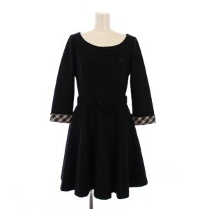 フレアワンピース ひざ丈 七分袖 クルーネック ウール リボン ベルト 38 黒 ブラック /BB