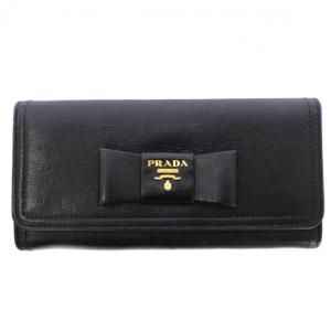 長財布 ロングウォレット 二つ折り サフィアーノレザー リボン ロゴ 黒 ブラック /BB OH