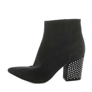 ショートブーツ チャンキーヒール ポインテッドトゥ ラインストーン スエード 36 黒 ブラック /AN8