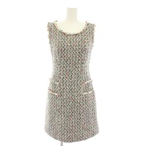 ティシュー TISSUE ツイードワンピース ミニ ノースリーブ 総柄 34 白 ホワイト 紺 ネイビー