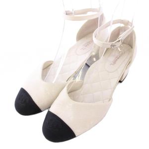 ストラップパンプス アンクル ラウンドトゥ チャンキーヒール スパンコール ココマーク ロゴ 刺繍 バイカラー