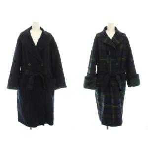 ウールチェックチェスターコート アウター ロング リバーシブル リボンベルト ラビットファー 40 紺