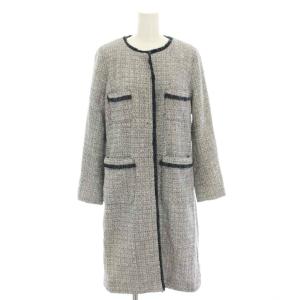 ノーカラーツイードコート アウター ロング 40 紺 ネイビー 白 ホワイト 501108976 /YT