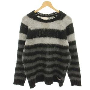 シャギーニット セーター M 黒 ブラック グレー ボーダー 長袖 モヘヤ混 /HN