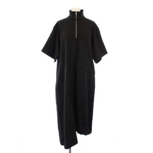 フレアワンピース アシンメトリー ミモレ ロング 半袖 ハイネック ハーフジップ 切替 ワンカラー ウール混