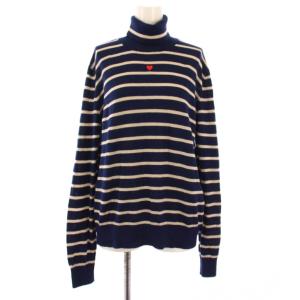 ニット セーター 長袖 タートルネック ウール ボーダー柄 ハート柄 刺繍 XL 紺 ネイビー グレー