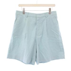 ショートパンツ ワイド タック ジップフライ ワンカラー 無地 麻 リネン 44 水色 ライトブルー /BB