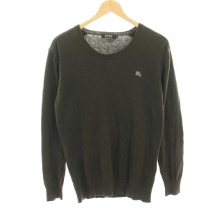 ニットカットソー 2 焦げ茶 ダークブラウン 長袖 ロゴ刺繍 カシミヤ混 チェック切替 /HN