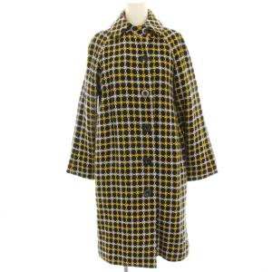 ステンカラーコート チェック ウール ロング 9AR 紺 ネイビー 黄色 イエロー /HN