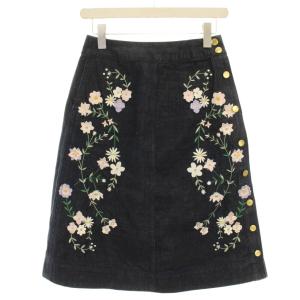フレアスカート デニムスカート ひざ丈 フラワー刺繍 0 紺 ネイビー /HN