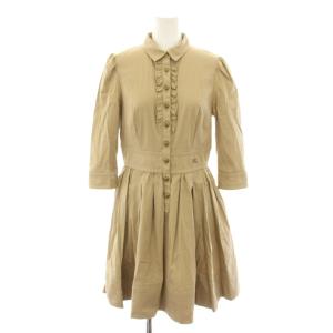 ワンピース ひざ丈 七分袖 裏地チェック柄 フリル 38 ベージュ E1J53-559-40 /YT