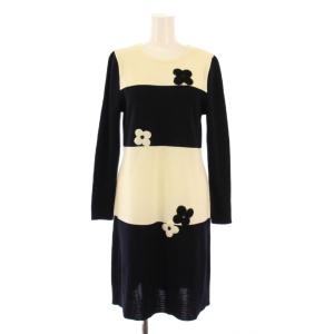 ニットワンピース ひざ丈 長袖 クルーネック 花柄 装飾 バイカラー ウール 38 アイボリー 黒 ブラック